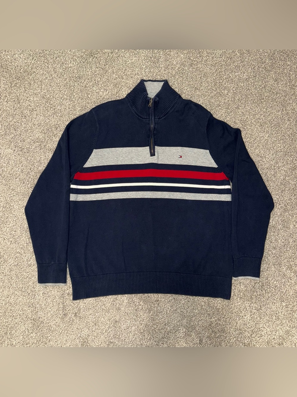 Tommy Hilfiger Kids Navy Half-Zip Sweater with Gray and Red Stripes